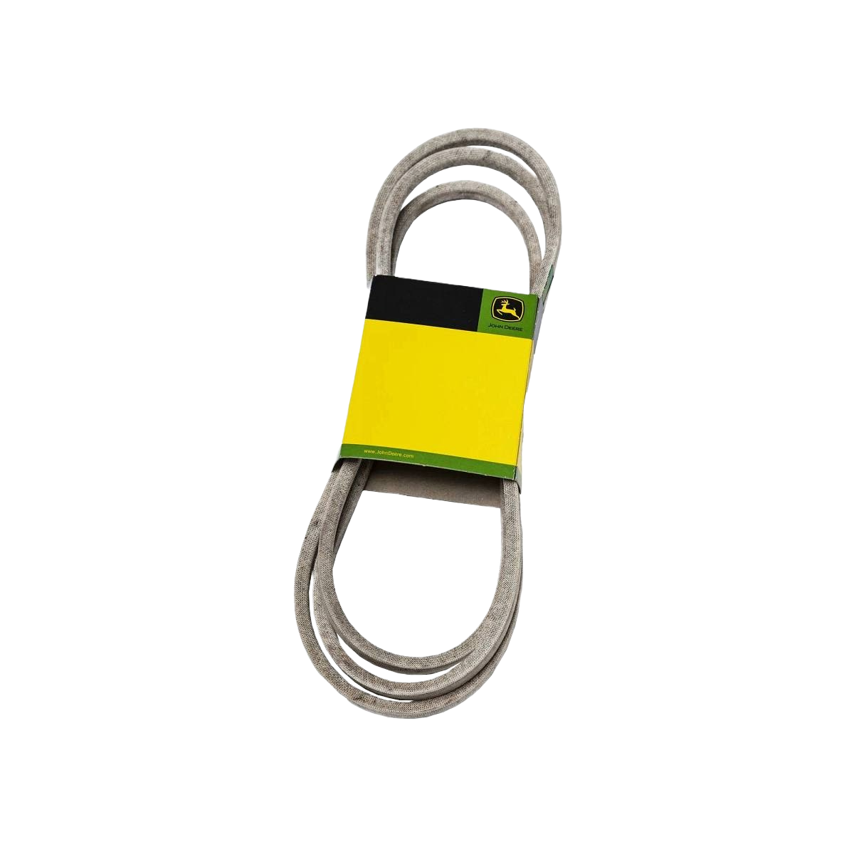 Gray traction drive belt with yellow and green branded packaging for outdoor power equipment maintenance tasks
