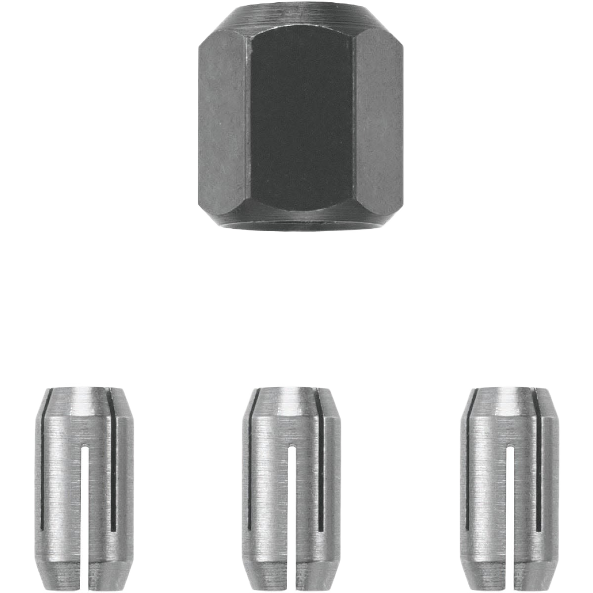 Set of three metal collets and a hexagonal collet nut for power tool accessories and home improvement use under $50