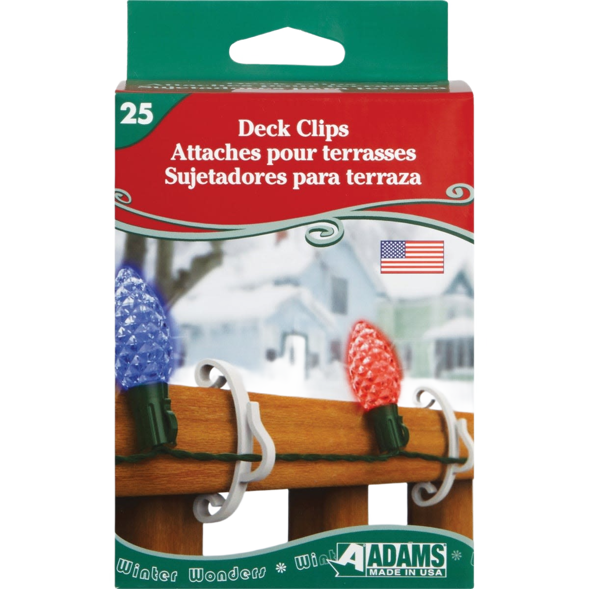 White plastic clips securing holiday string lights to wooden outdoor deck railing for tools and home improvement use