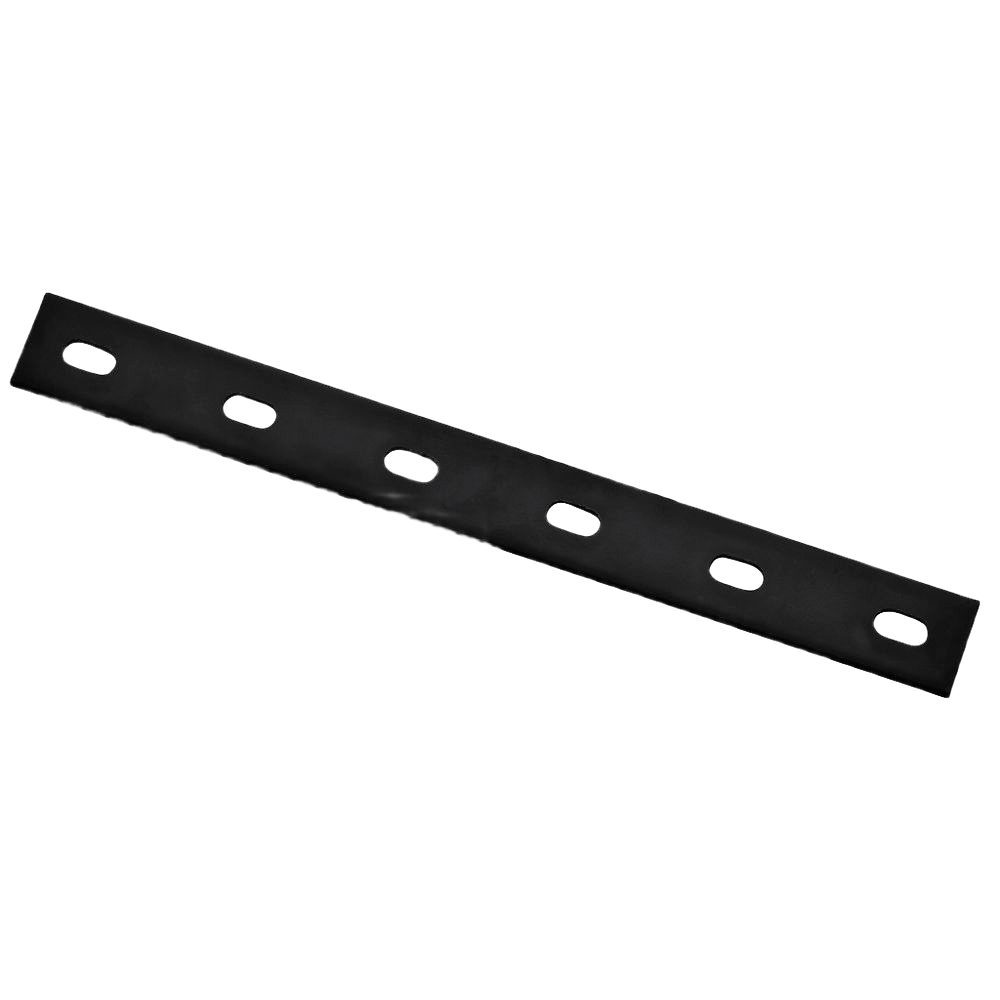 Black metal mending plate with elongated holes for reinforcement in building hardware and lumber materials collections