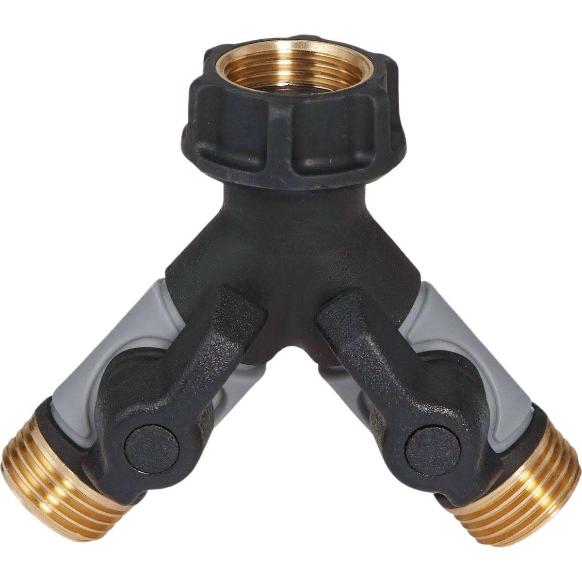 Metal Y-shaped hose shutoff with dual valve controls and brass fittings for watering and irrigation in home improvement collections