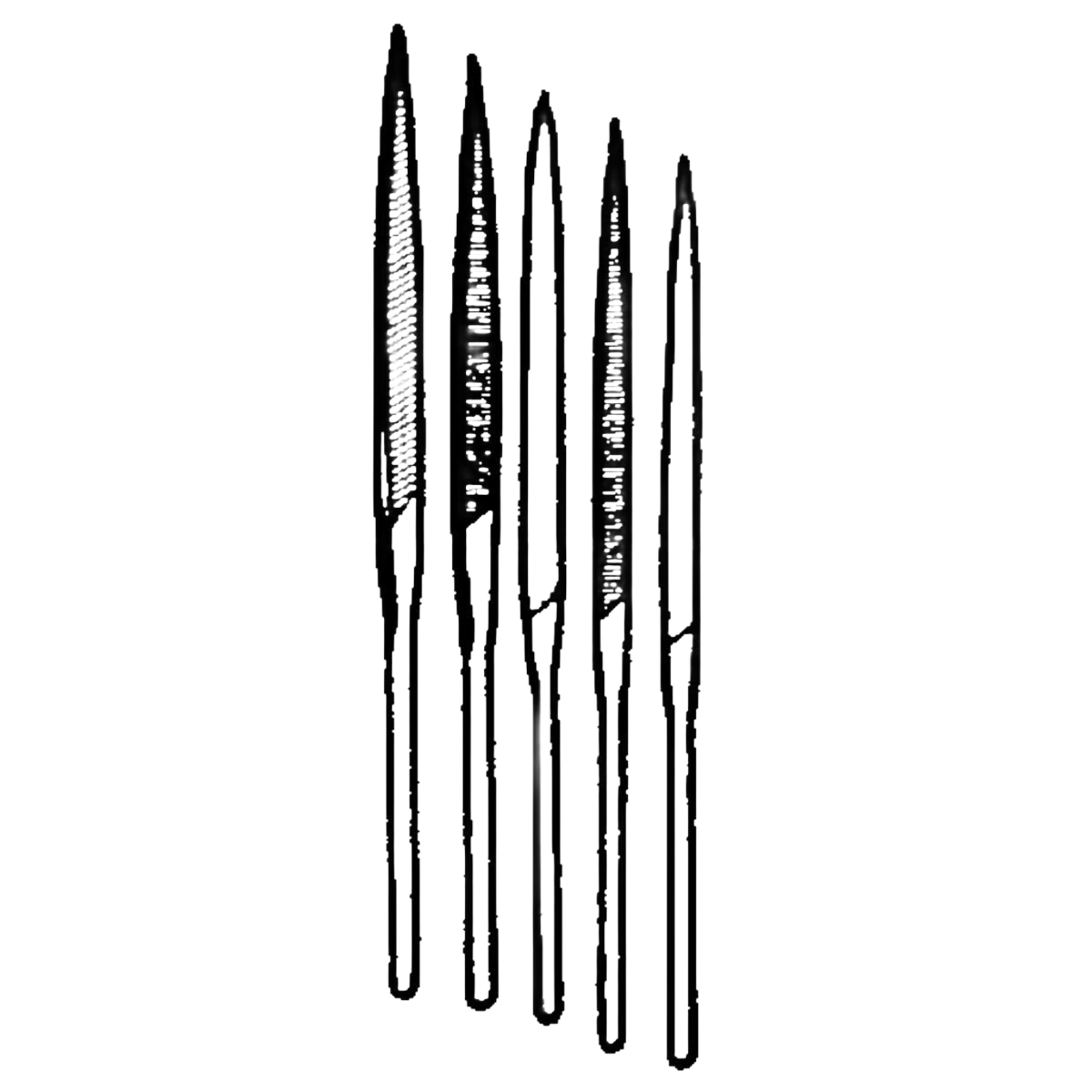 Set of five metal precision files with textured gripping handles for detailed home improvement and tool use tasks