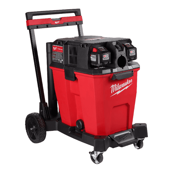 Compact red and black wet/dry vacuum with dual batteries and wheeled base for tools and home improvement use
