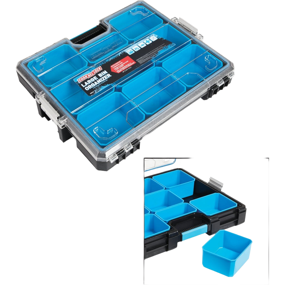 Plastic storage box with multiple removable bins for small parts, ideal for workshop organization and tool storage