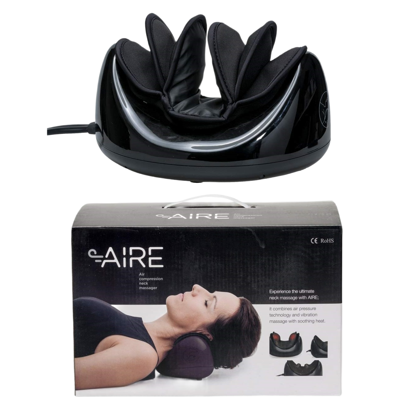 Black air compression neck massager device with cushioned interior above its branded retail box in Health & Beauty collections