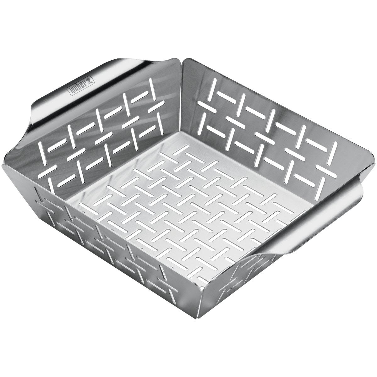 Small stainless steel grilling basket with perforated sides for even cooking and easy food handling on BBQ grills