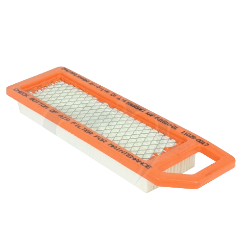 Rectangular engine air filter with orange frame and pleated white filter media for John Deere parts and accessories collections