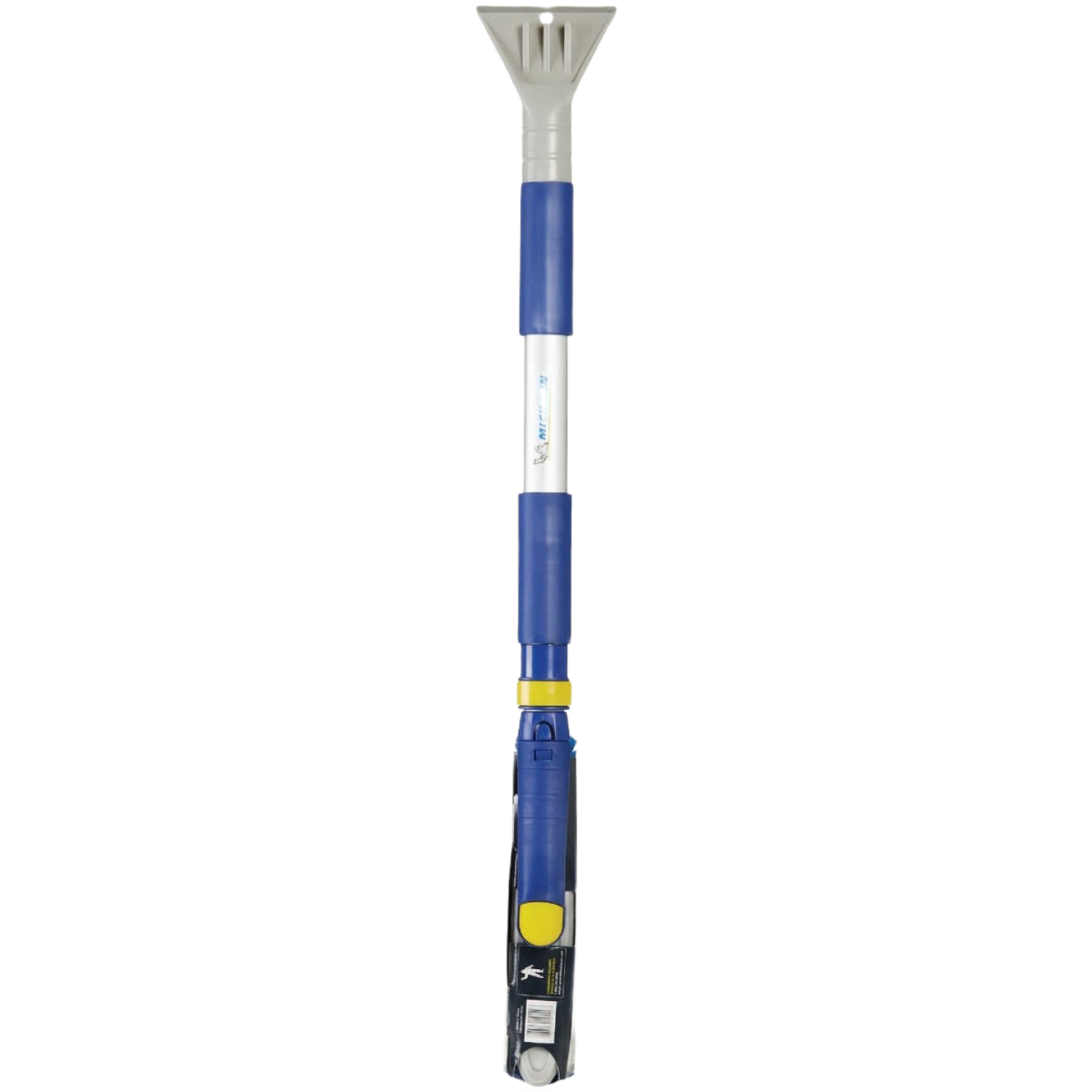 Steel hybrid telescopic snowbrush with blue handle grips and integrated ice scraper for automotive snow removal tools