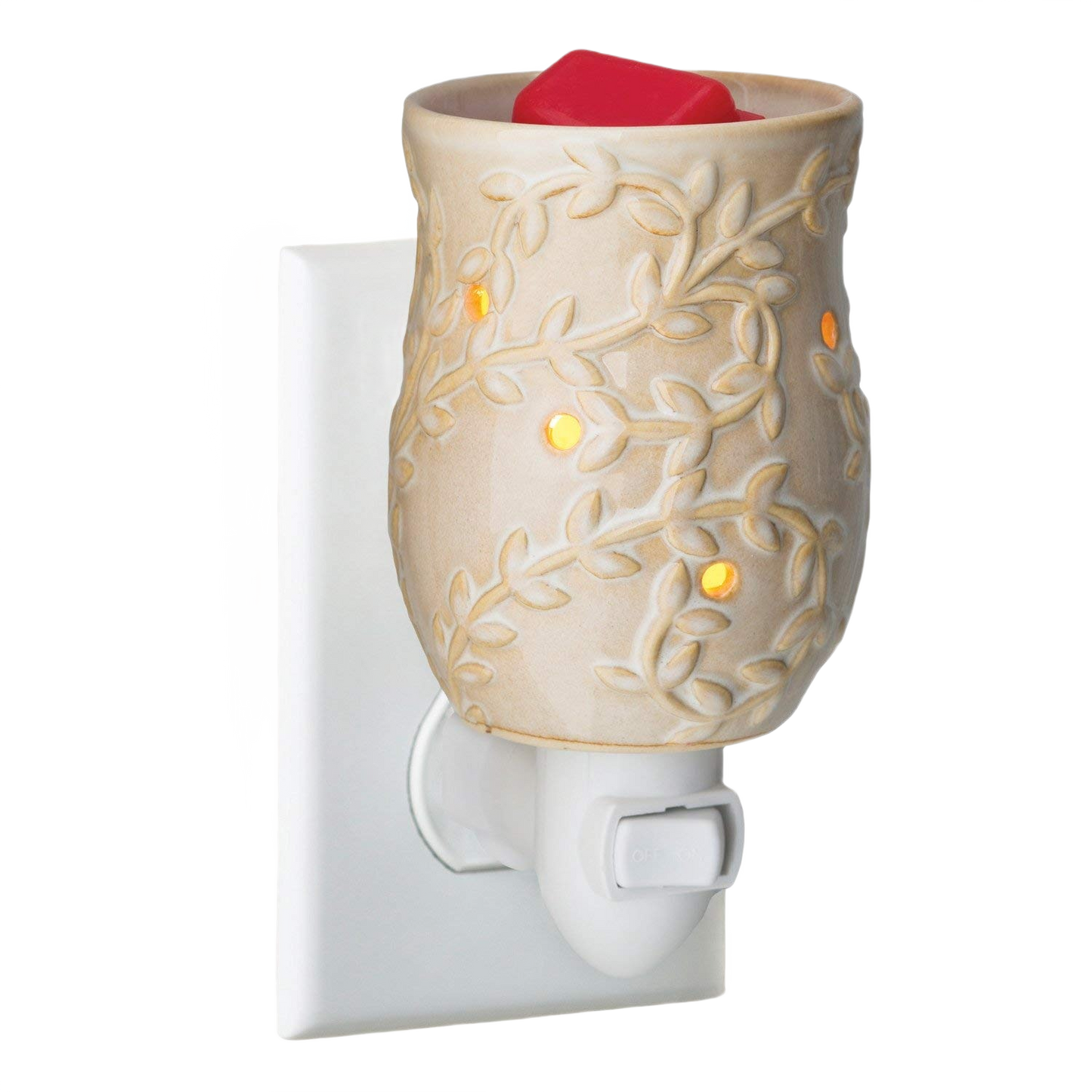 Beige ceramic fragrance warmer with vine pattern and red wax melt, designed for plug-in home use in fragrance warming