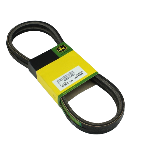 Replacement equipment belt with John Deere logo and yellow packaging for tools and home improvement tasks