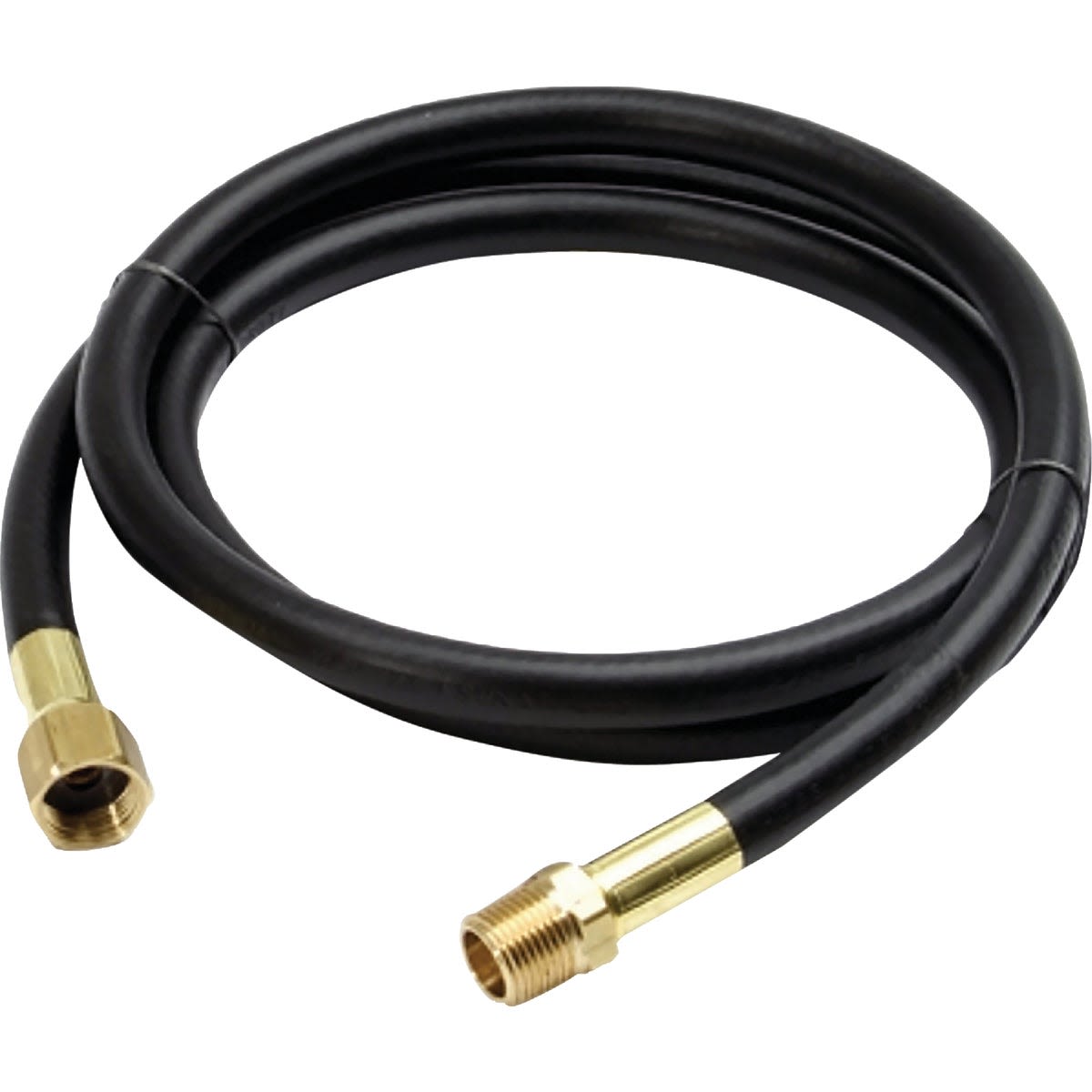 Flexible black LP hose with brass connectors for low pressure propane connections in home improvement projects