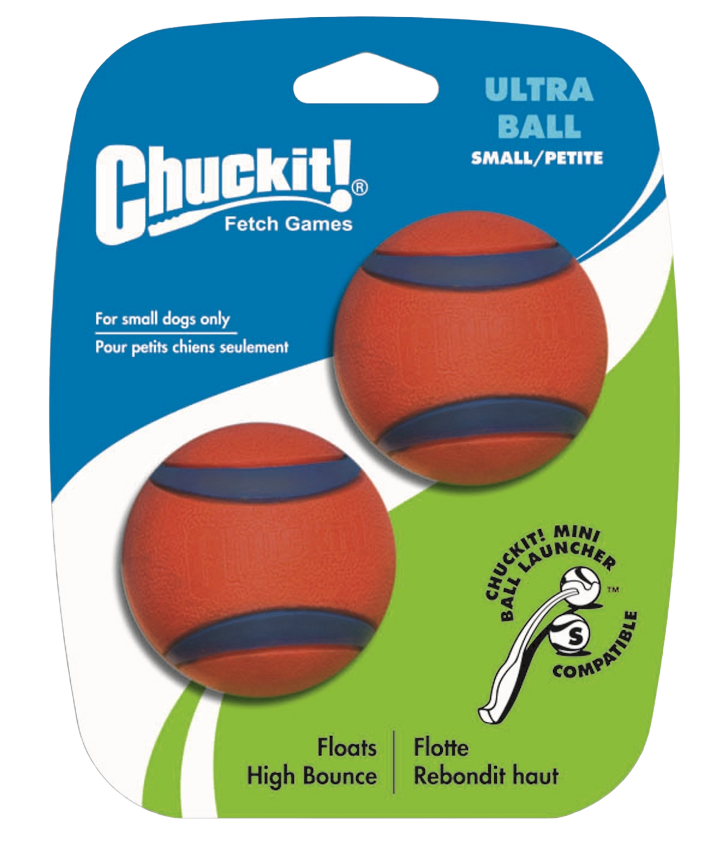 Package of two small orange dog balls with blue stripes designed for fetching, floating, and high bounce in pet toys collection