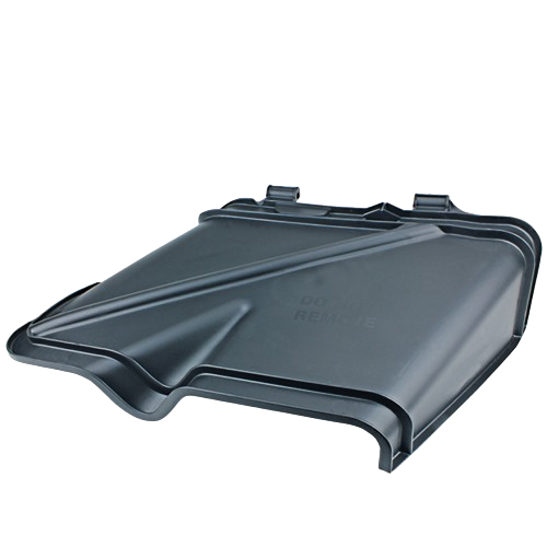 Black plastic mower deck discharge chute with mounting clips for tools and home improvement use