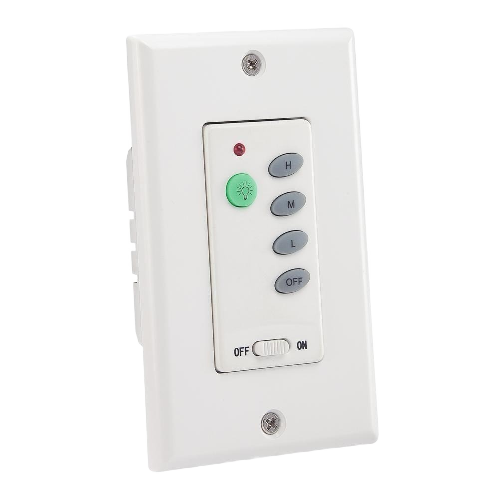 White wall-mounted control panel with buttons for light and three fan speeds in home lighting and ceiling fan accessories under $100