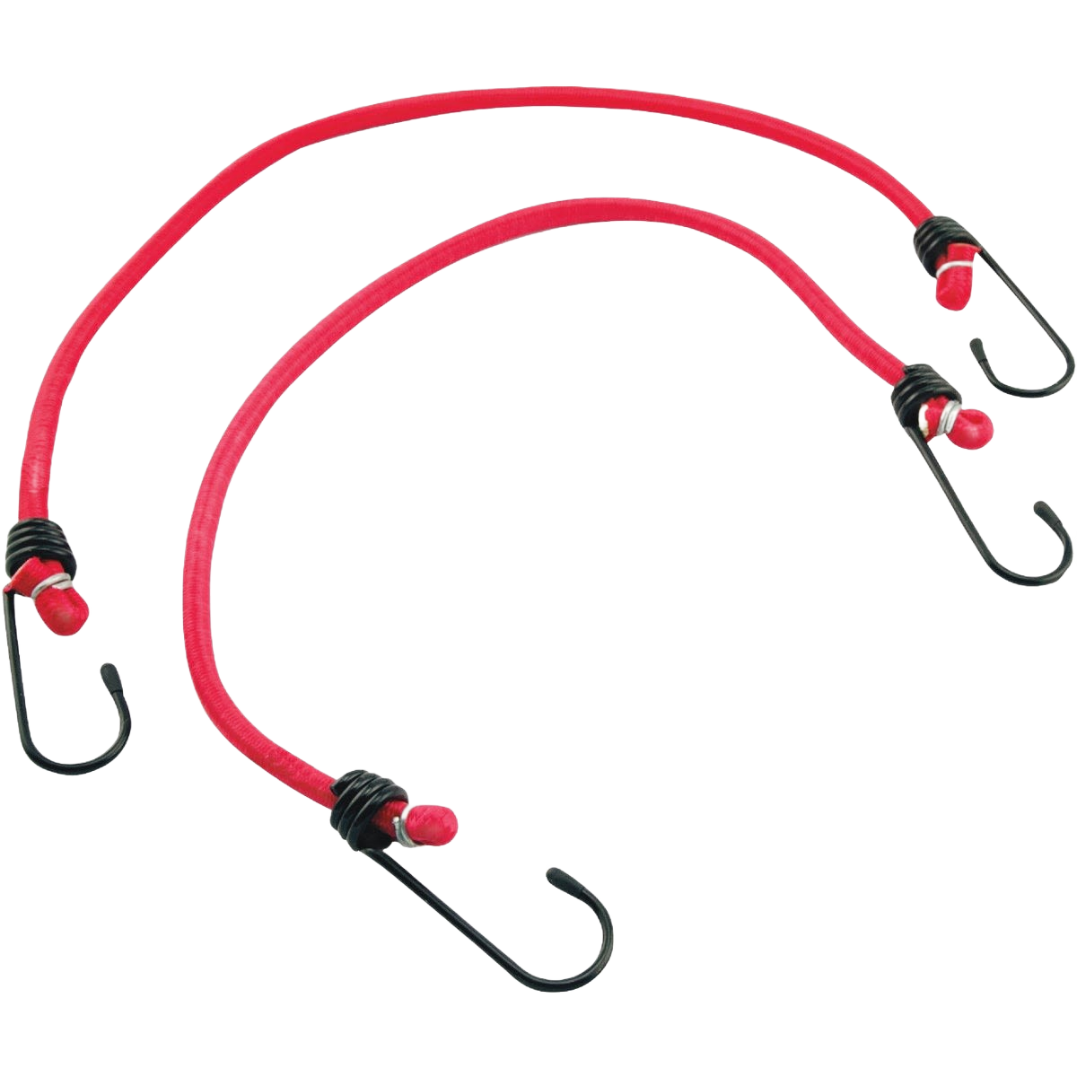 Two red vinyl coated steel bungee cords with black hooks for securing loads in home improvement tasks