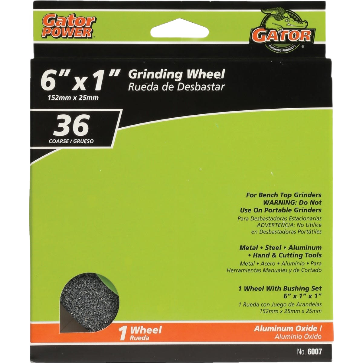 Green and black package of a 6-inch grinding wheel with 36 grit for bench top metal and tool sharpening accessories