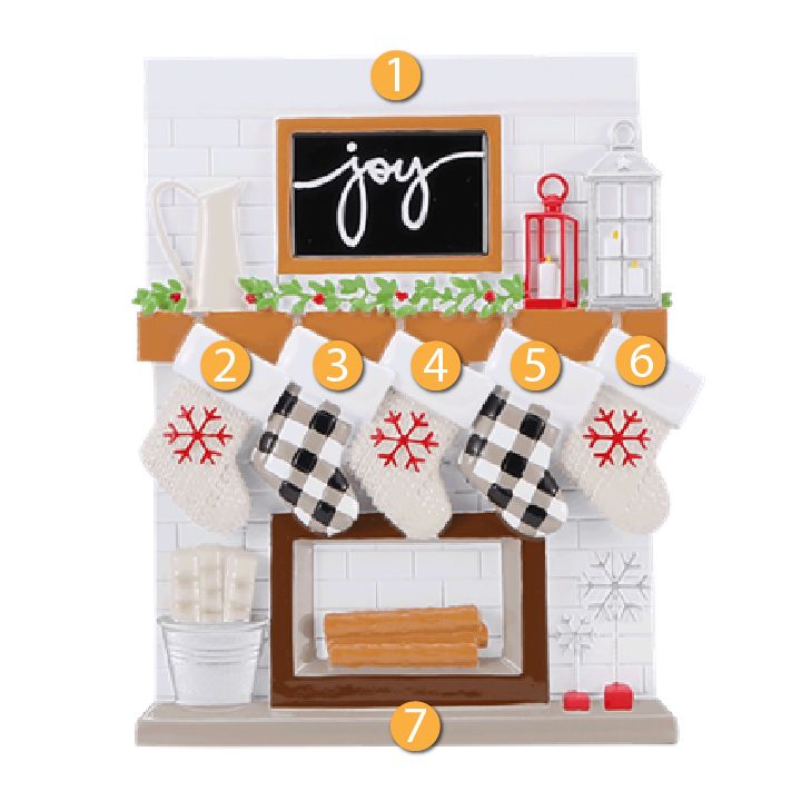 Cozy white fireplace ornament with five personalized stockings and festive lanterns for Christmas tree décor under $50 collection