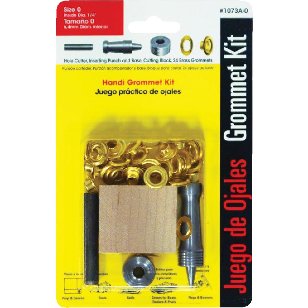 Brass grommet kit with hole cutter, punch, and base for home improvement and craft projects