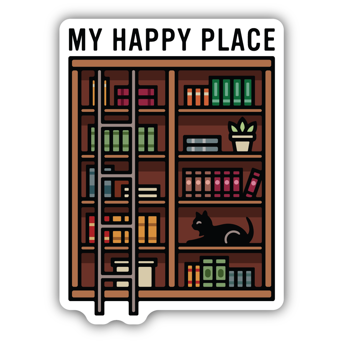 Illustration of a bookshelf with colorful books, a ladder, a potted plant, and a black cat relaxing inside.