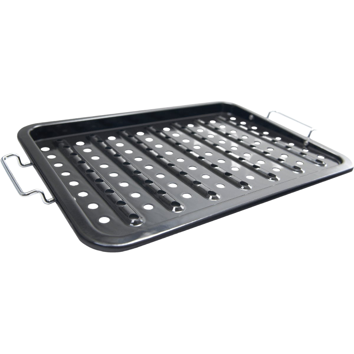 Porcelain coated stainless steel grilling tray with raised edges and stainless handles for outdoor cooking accessories