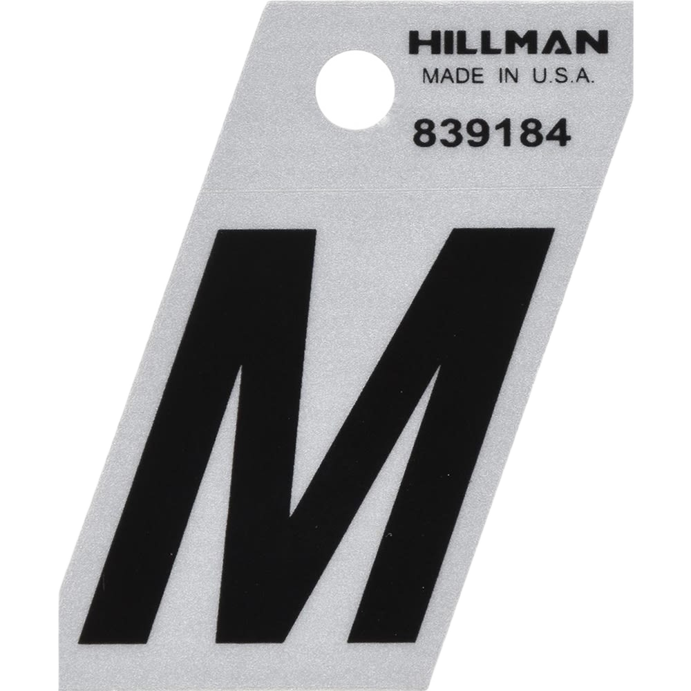 Black reflective Mylar sticker letter M with angled cut, designed for durable home improvement and hardware use under $50