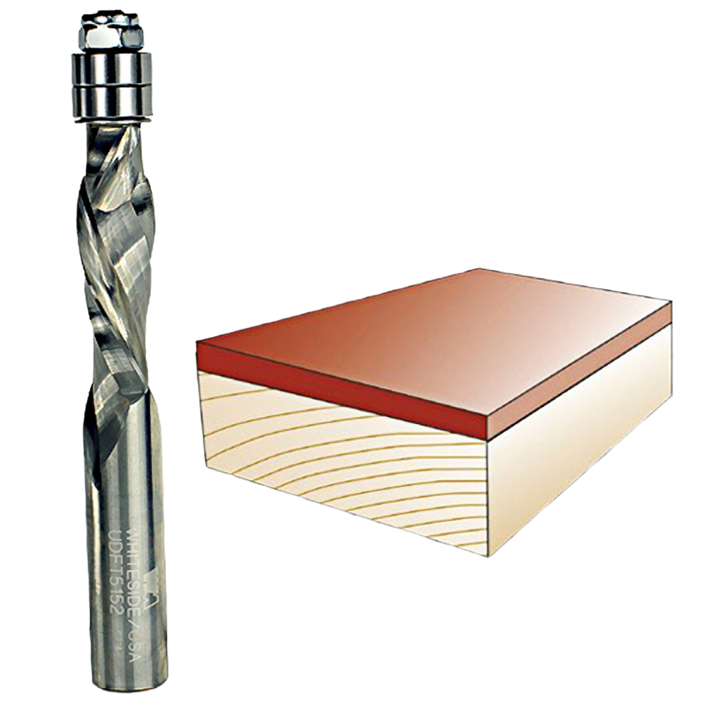 Spiral up/down flush trim router bit with double flute design for smooth cuts in woodworking and tool accessories collection