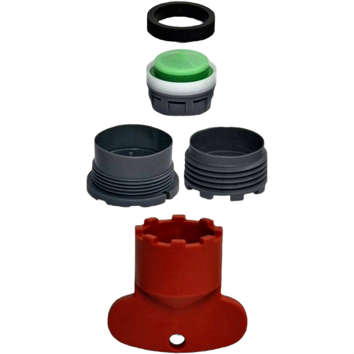 Components of a water-saving faucet aerator kit including adapters and seal ring for plumbing repair and home improvement.