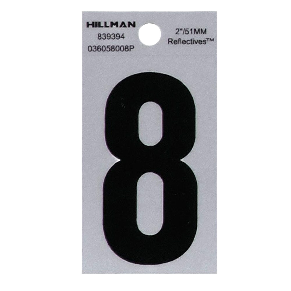 Black and silver reflective adhesive house number 8 for easy home improvement installation and visibility