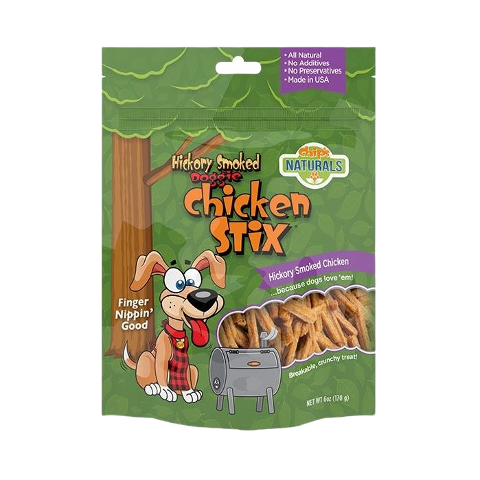 Green resealable bag of all-natural smoked chicken dog treats with cartoon dog illustration for pet supplies