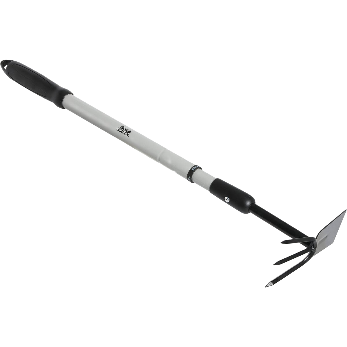 Extendable steel garden hoe with ergonomic black handle and three-prong cultivator for soil tilling and gardening tasks
