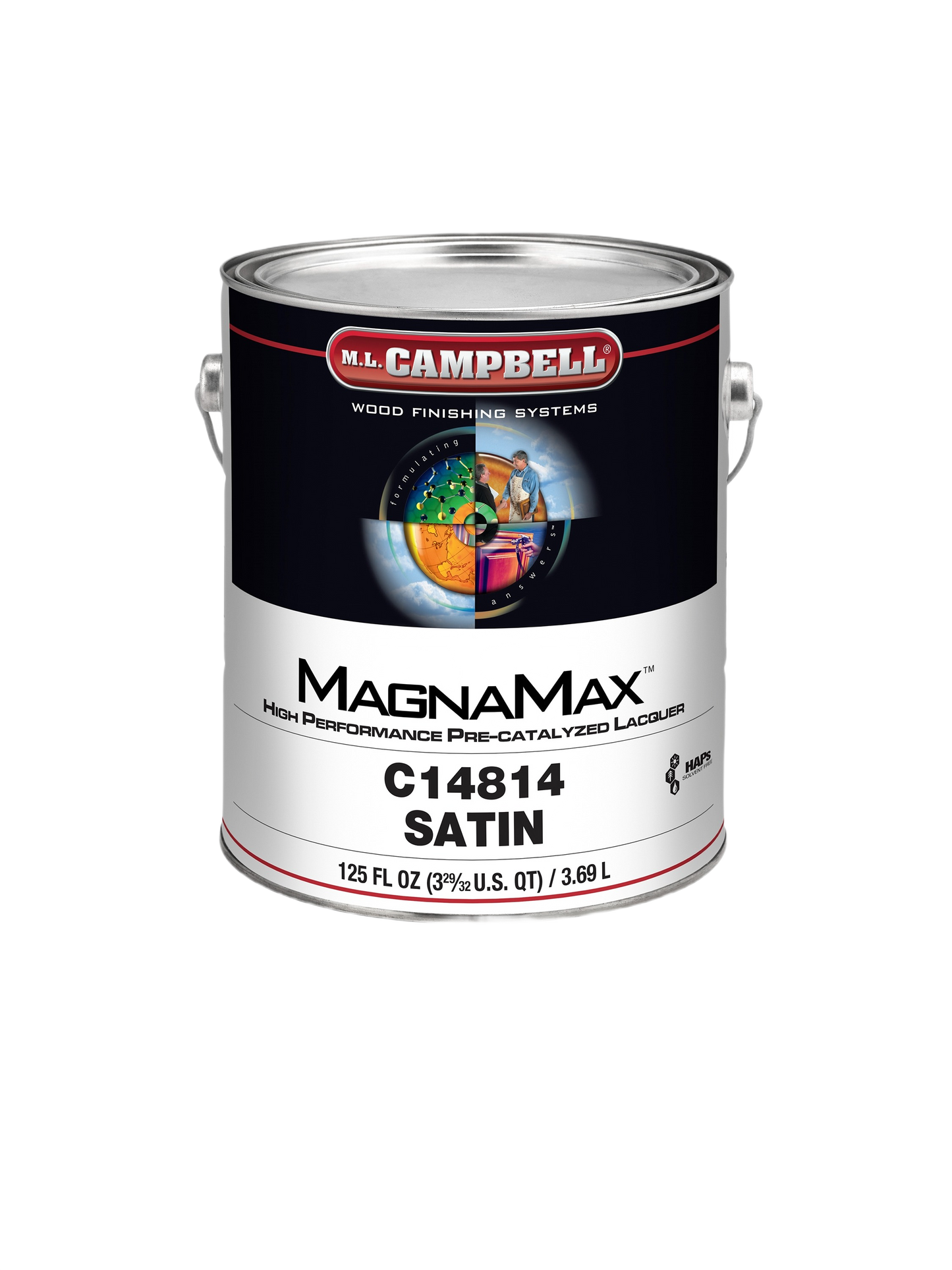 Metal container of ML Campbell MagnaMax pre-catalyzed satin lacquer for woodworking and finishing projects