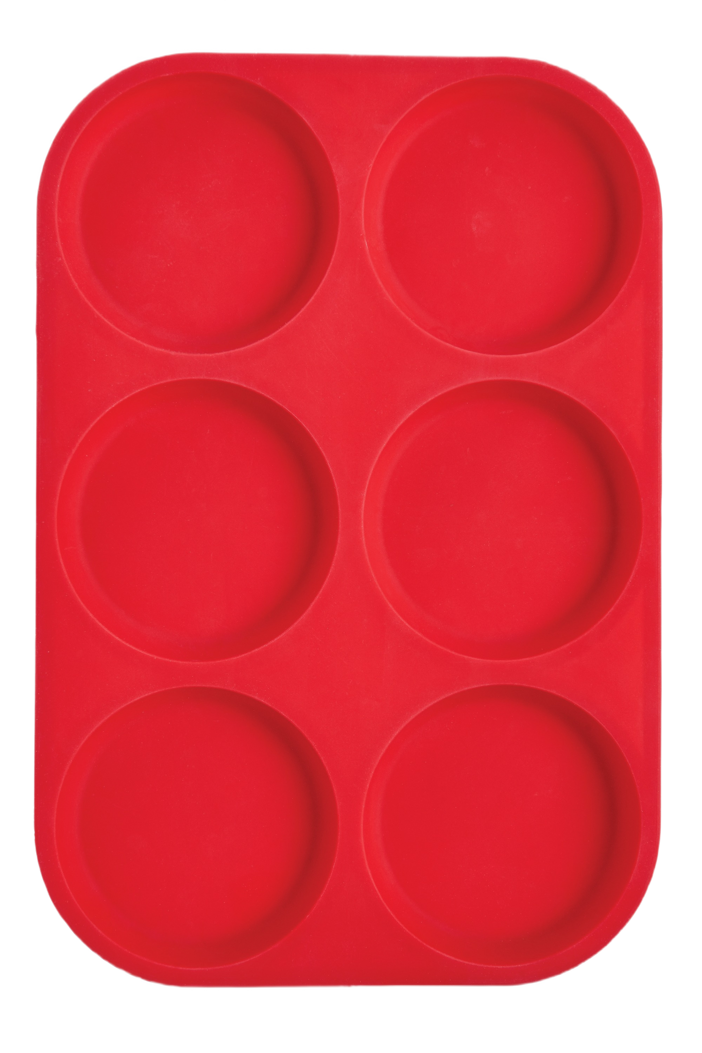 Red silicone 6-cup baking pan for muffins, tarts, and mini cheesecakes in kitchenware and bakeware collections