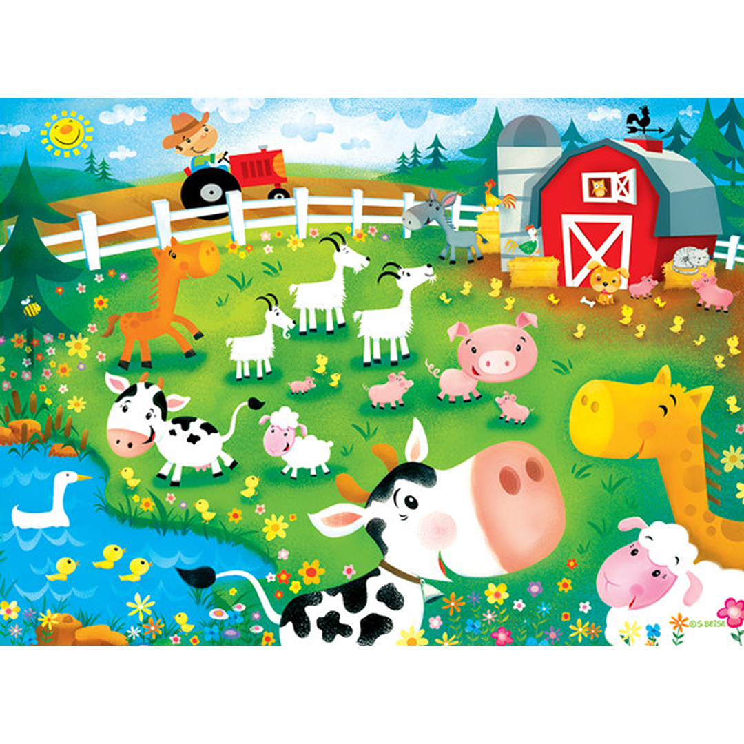 Vibrant farm scene puzzle showing cartoon animals, barn, tractor, pond, and smiling sun in a colorful outdoor setting