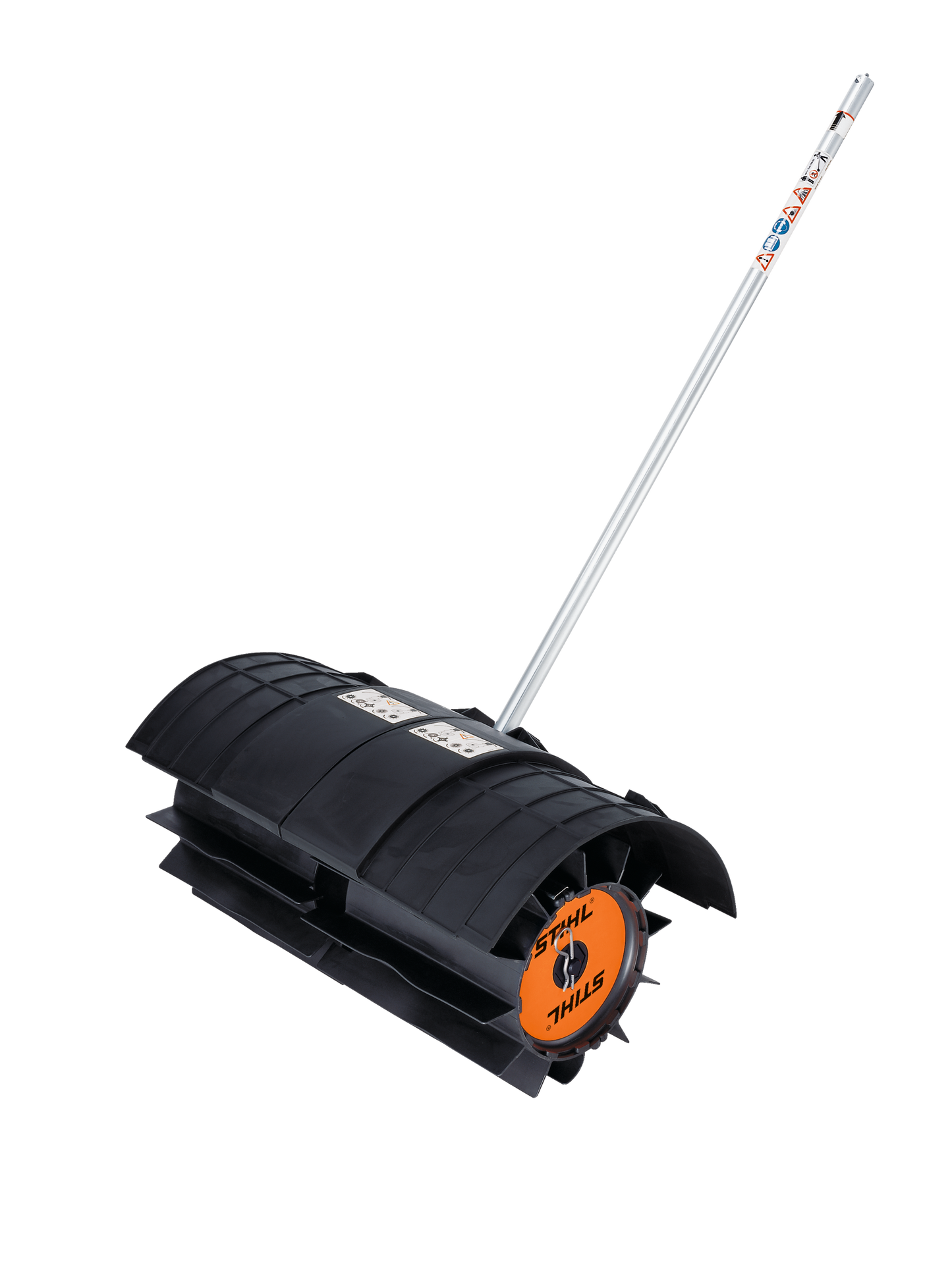 Heavy-duty STIHL PowerSweep attachment with durable blades and long silver handle for outdoor cleaning tools and home improvement