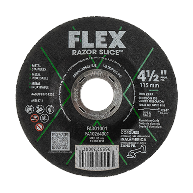Black FLEX Razor Slice cutting disc with green accents for metal and stainless steel in tool accessories and home improvement