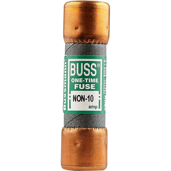 Copper-ended Bussmann Buss one-time fuse rated for 10 amps, designed for electrical and home improvement use