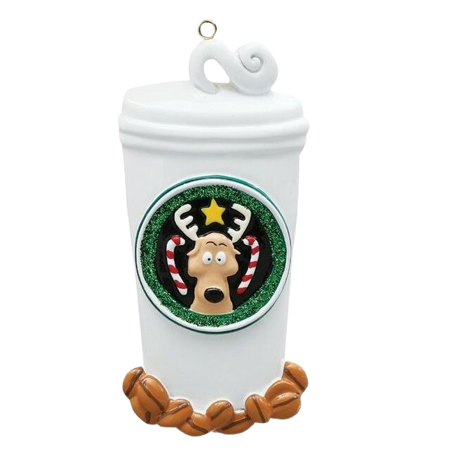 Festive coffee cup ornament with reindeer face, candy cane antlers, and coffee beans from Christmas Ornaments collection under $50