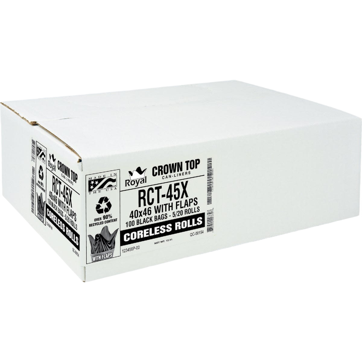 White box of coreless black can liners with flaps for trash and recycling in cleaning collections under $50
