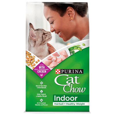 Green package of Purina Cat Chow Indoor formula dry cat food featuring a woman lovingly touching a gray tabby cat's nose