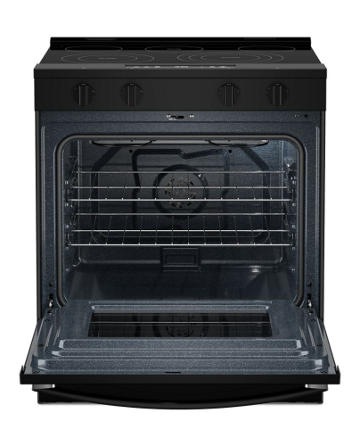 Open front view of black electric range with visible oven interior racks and smooth cooktop elements in ranges collection