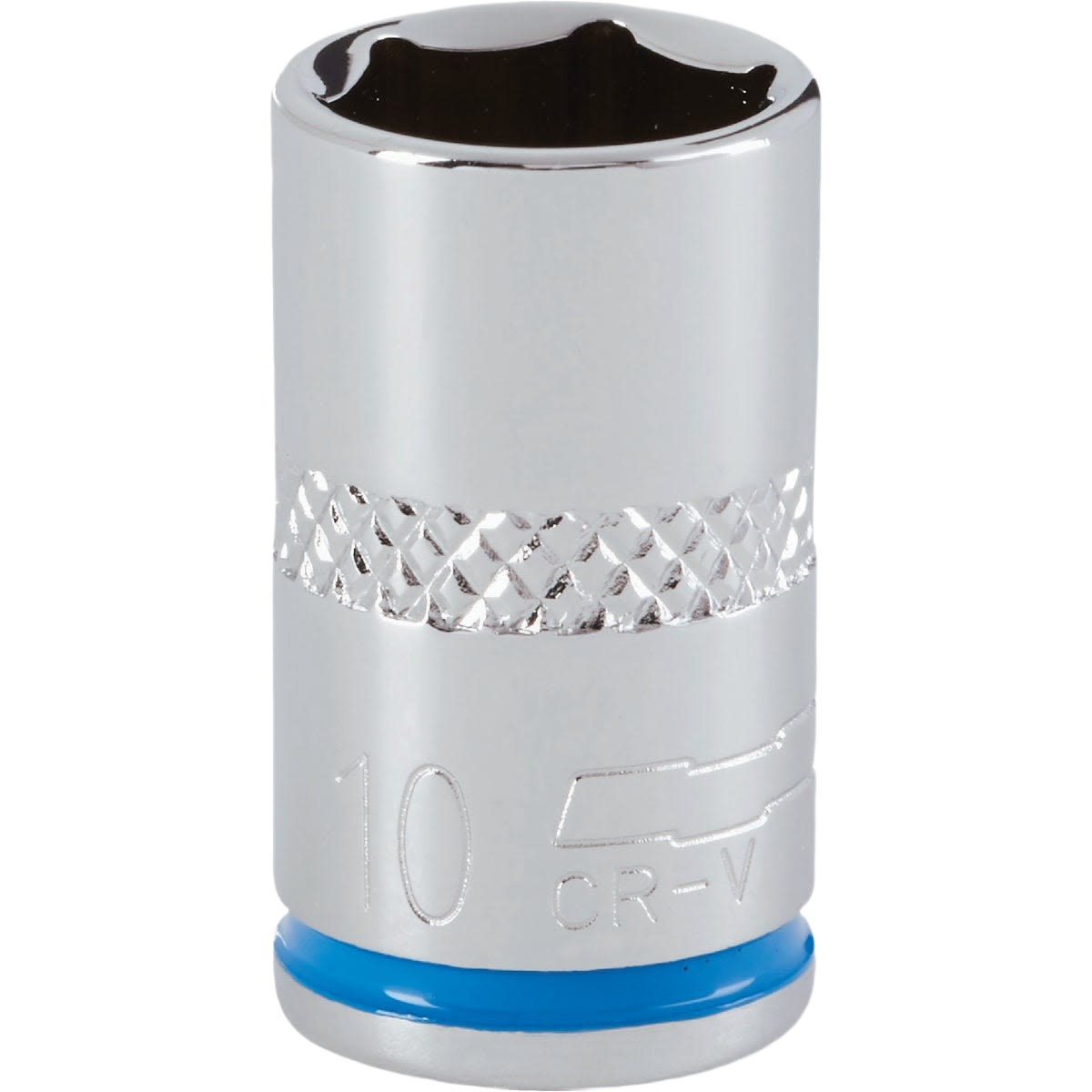 Chrome-finished shallow 10mm 6-point socket with textured grip band, part of hand tools and woodworking collections.