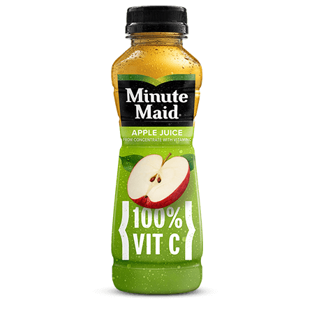 Clear plastic bottle of Minute Maid apple juice featuring green label with apple image and vitamin C claim