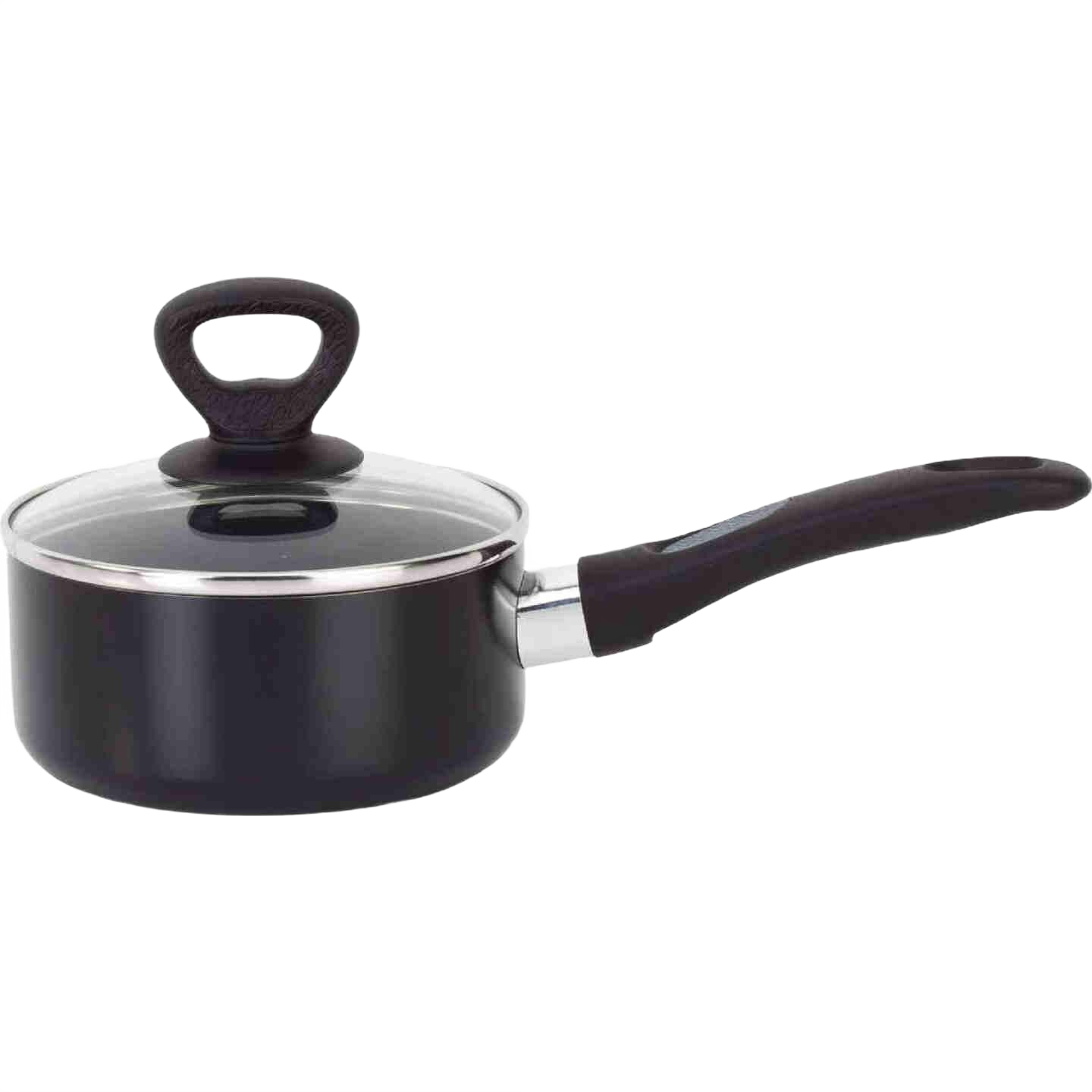Black aluminum 1-quart saucepan with glass lid and ergonomic handle for versatile kitchenware and cooking tasks under $50