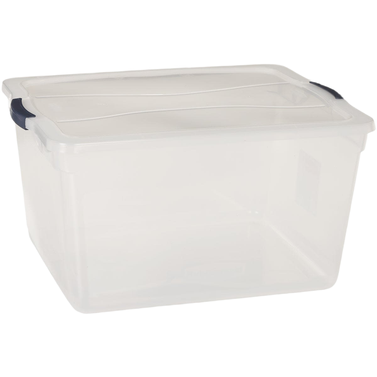 Clear plastic storage tote with latching lid designed for stacking in storage and organization collections