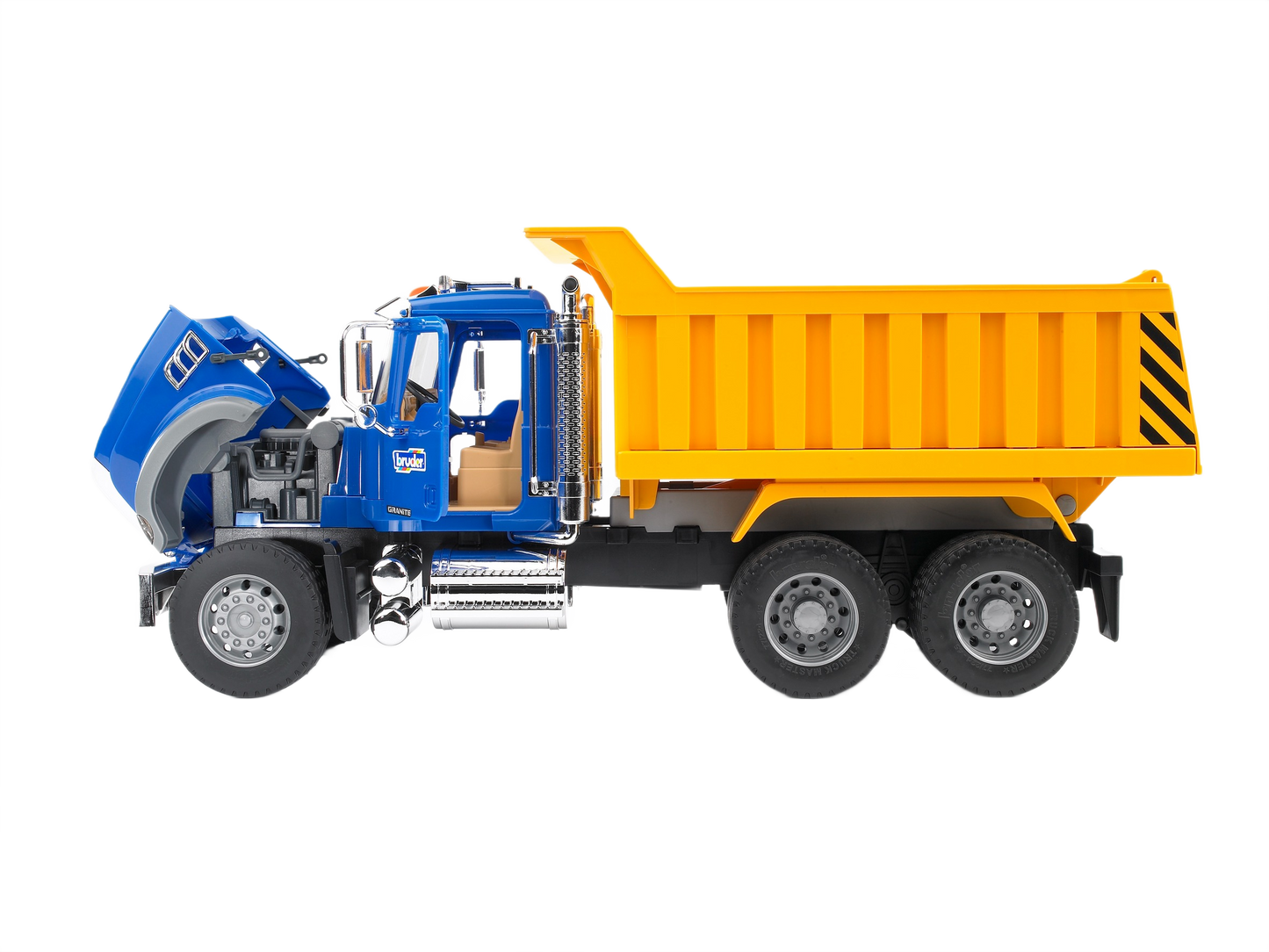 Blue cab and yellow bed Bruder MACK Granite dump truck toy with open hood and detailed engine for play and learning