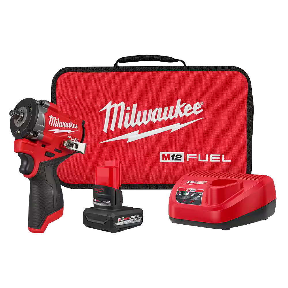 Compact red and black cordless impact wrench kit with battery, charger, and branded carrying case for home improvement tasks