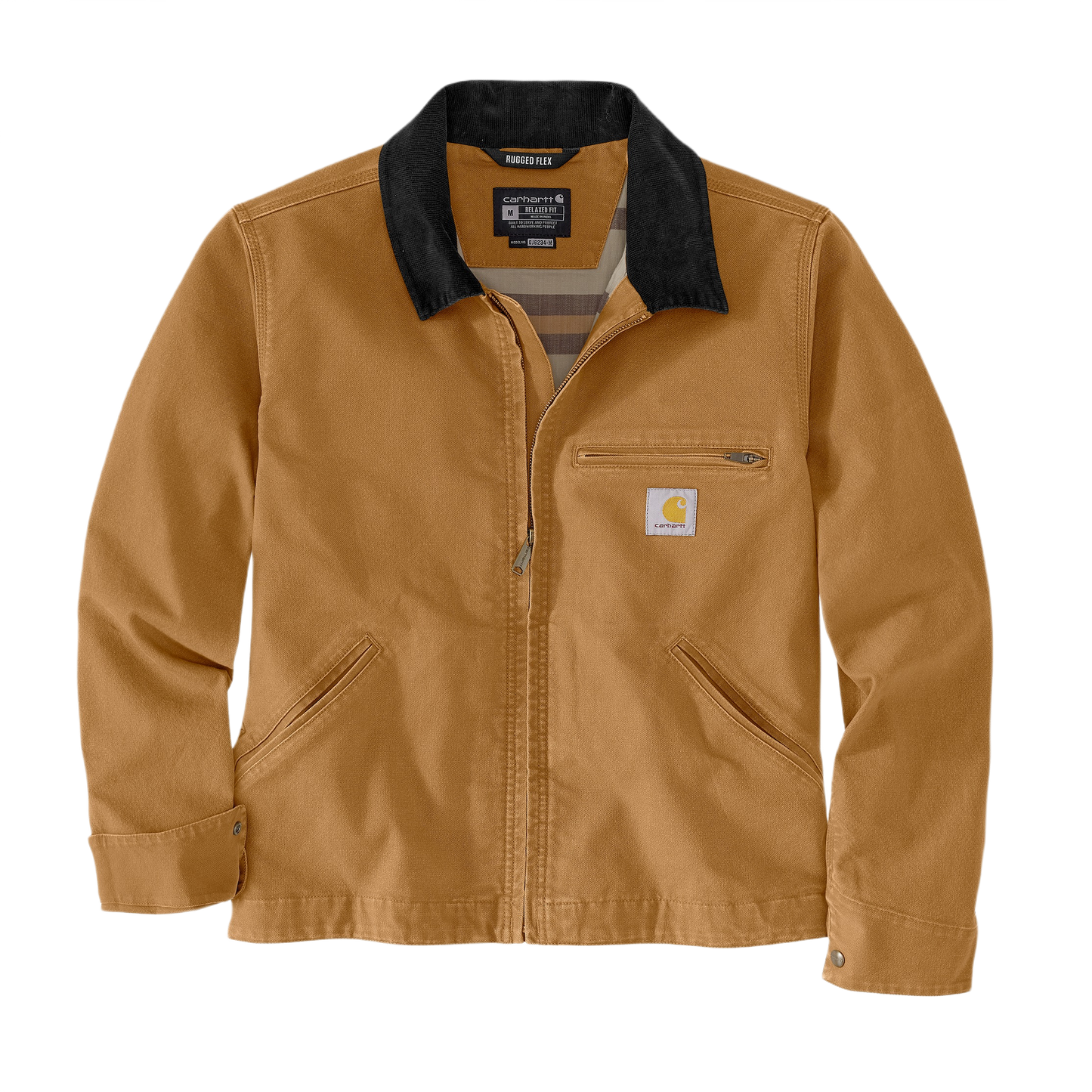 Brown duck fabric jacket with black corduroy collar and zippered chest pocket for durable workwear use