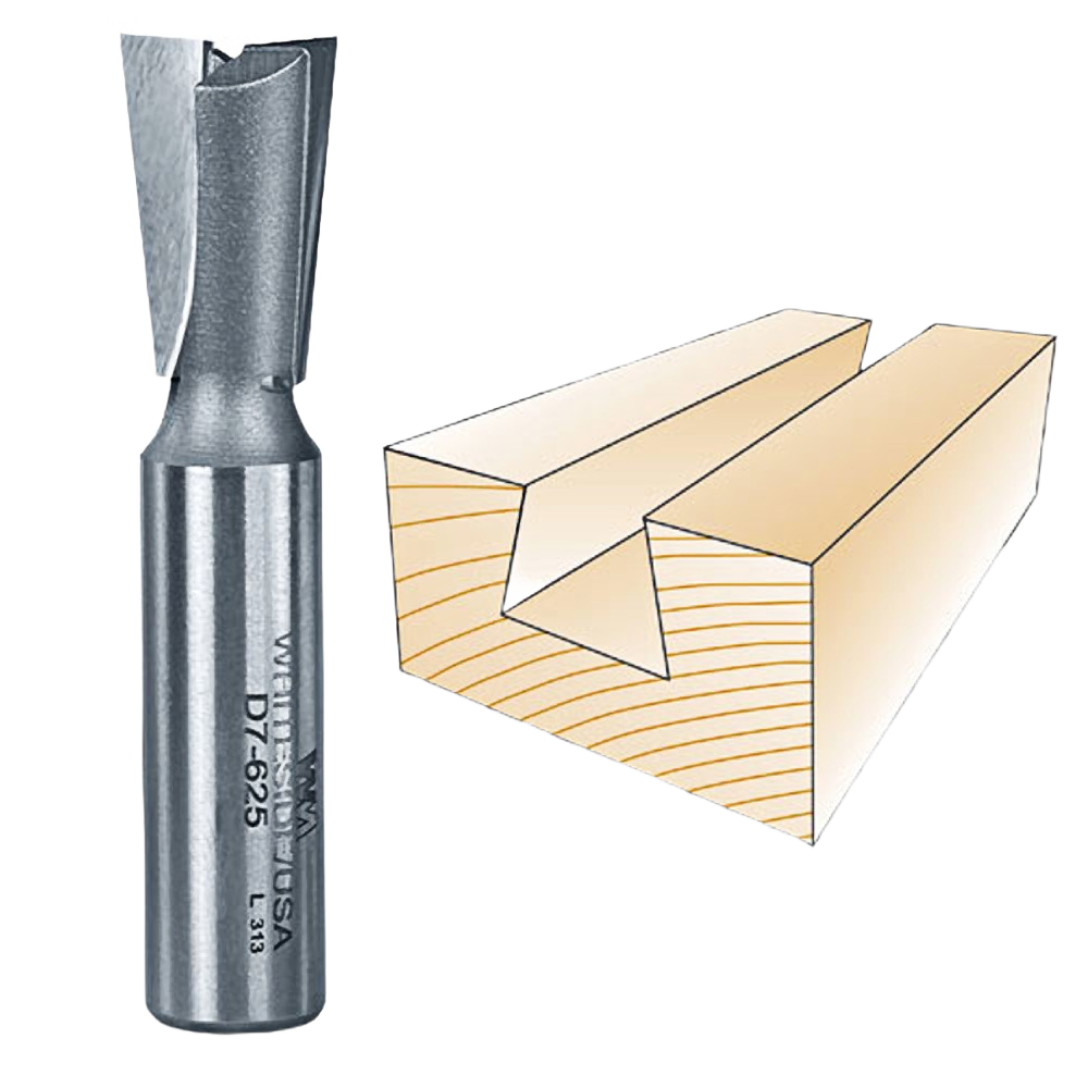 Carbide-tipped dovetail router bit next to wooden joint sample for woodworking in tool accessories collection