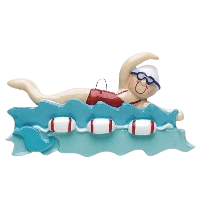 Personalized girl swimmer ornament with goggles and cap in stylized water for Christmas Ornaments & Tree Decorations collection