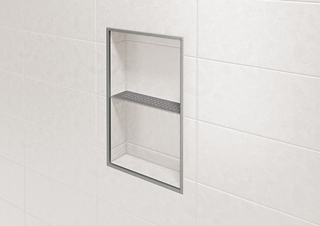 Rectangular stainless steel recessed niche shelf with perforated base for tiled shower storage in home improvement collections